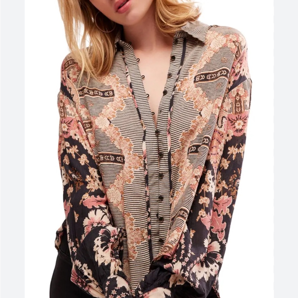 Free People Virgo Bay Floral Button-Up Blouse Oversized Black Pink Boho Top